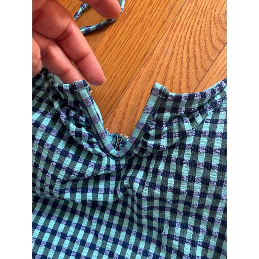 Free Assembly Blue Gingham V-Wire One Piece Swimsuit Cheeky High Leg Size M 8-10